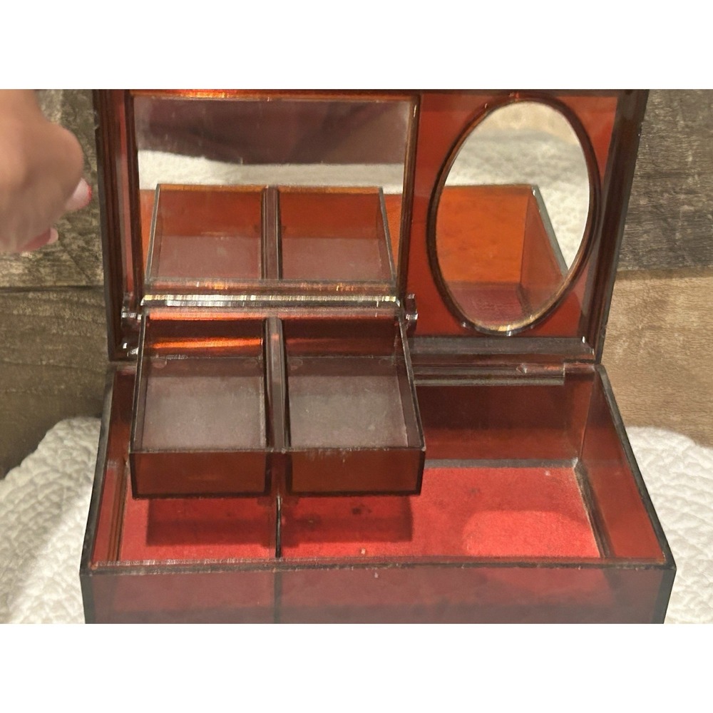 Vintage Tortoise Shell Lucite Jewelry Box Cosmetic Case made Hong Kong‎